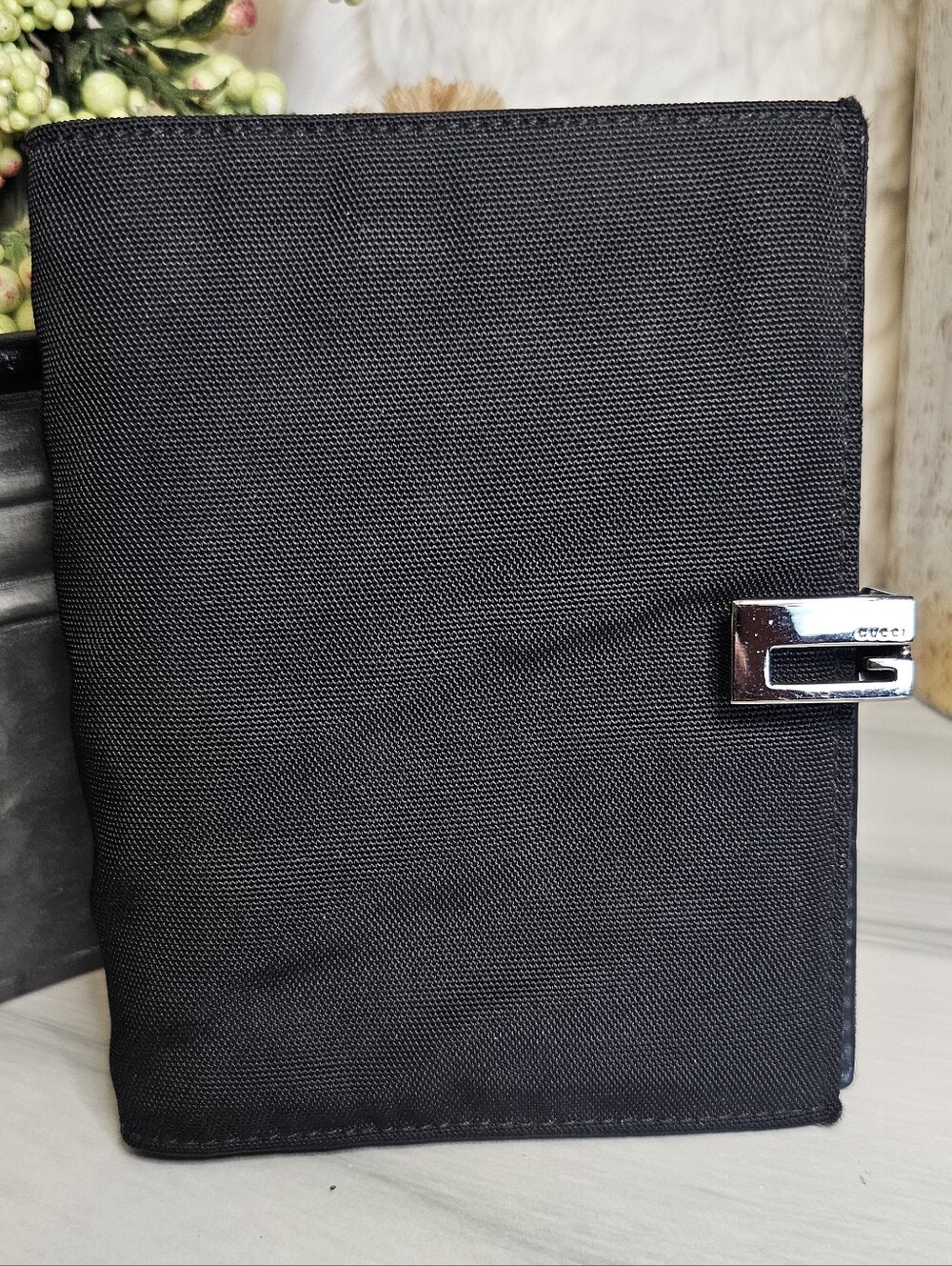 Gucci Black  Agenda/Passport Holder with Silver G Buckle And Orig. Gucci Insert.